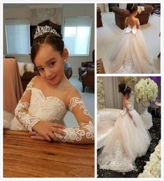 Ivory Flower Girls Dresses For Weddings Lace Appliques Beads Long Sleeves Girl Wedding Dress Sashes Cheap Toddler Pgeant Gowns1384570