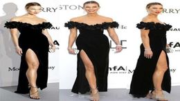 2019 New Arrival Karlie Kloss Black Formal evening Dress Celebrity Dresses Cheap off shoulder 3D floral velvet split Prom Dresses8781897
