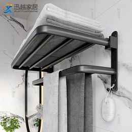 Towel Rack 4060 CM Folding Holder With Hook Bathroom Accessories Wall Mount Rail Shower Hanger Aluminum Bar Matte Black Shelf 240304