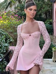 2023 Lace Patchwork Long Sleeve Bangage Backless Mini Dress For Women long sleeve Autumn Sexy Slim Fit Party Clubwear pink white 240304