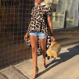 Blouse Asymmetrical Long Tops VONDA Women Vintage Leopard Printed Tunic Blouse Ruffled Sexy Baggy Short Sleeve Chemise Summer Shirts