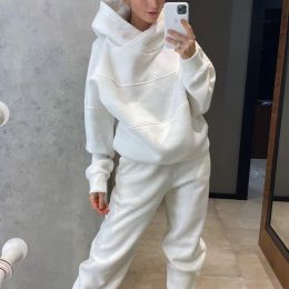 Suits White Two Piece Sets Winter Thick Casul Loose Hoodies Matching Pants Tracksuits Women Joggers Sportswear Suits Plus Size Clothes