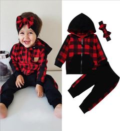 Baby Girl Clothes Lattice Toddler Girls Hoodie Pants Headband 3pcs Sets Plaid Tracksuit Designer Children Outfits INS Baby Clothin3054528