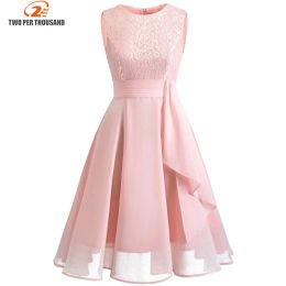 Dress Christmas Vintage Lace Dresses Sleeveless Sexy Pink Party ALine Chiffon Dresses Elegant Women Midi Vestidos Robe Femme