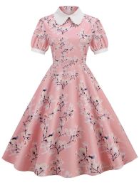 Dress S~3XL Women Midi Dress Floral Print Peter pan Collar Elegant Party Dress Puff Sleeve Vintage Sundress