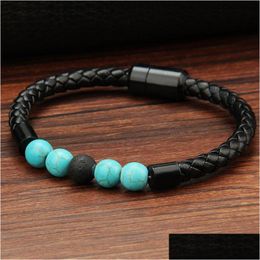 Charm Bracelets Mens Genuine Leather Lava Rock Bead Brackets For Women Natural Turquoise Essential Oil Diffuser Stone Magnetic Buckle Dhkc0
