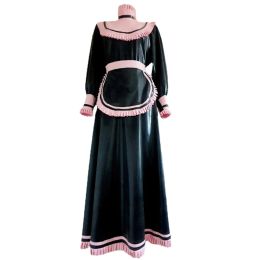 Glossy PVC Leather Long Sleeve Dress With Apron Cosplay Suits Outfits Sexy RufflesTurtleneck Maid Costumes Plus Size 7XL