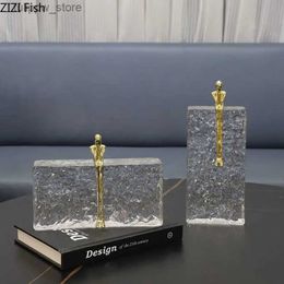 Decorative Objects Figurines Metal Handicraft Abstract Figure Sculpture Crystal Base Golden Thinker Figures Sculpture Ice Wrinkle Crystal Home Decor L240306