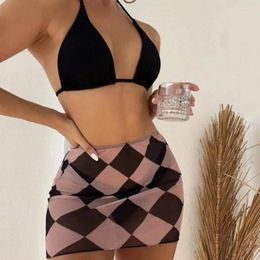 Women's Swimwear 3Pcs/Set Halter Adjustable Straps Push-up Bikini Skirt Set Solid Colour Micro Bra Bottoms Geometry Print Suit For Swimming