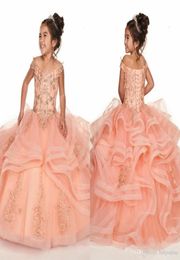 Tier Ruffles Coral Girl Pageant Dresses 2020 New Off the Shoulder Corset Back Flower Girl Dress With Beads Crystals For Teens Part9693758