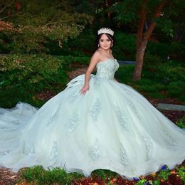 Light Green Off The Shoulder Princess Ball Gown Quinceanera Dress Applique Lace Tull Sweet 16 Dress Birthday Party Gown vestidos de 15
