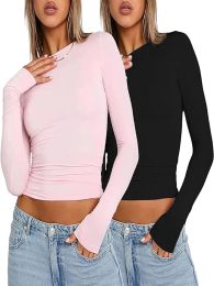 Pink Long Sleeve T-shirt Women 2024 Spring Cute White Tees Crop Top Ladies Summer Korea Y2K Causal Sexy O Neck Basic Tshirt