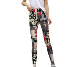 Leggings Fitness Push Up Tights Woman Newspaper Printed Leggings Beauty Summer Leggins Street Club Grey Black Sexy Jeggings DropShip