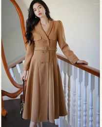Casual Dresses High Quality Elegant Women Notched Collar Trench Dress Autumn Winter Solid Double-Breasted Long Sleeve Belt Midi Vestidos