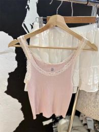 Camis Pink Screw Thread CamisTop Women Summer 2024 New Fashion Vintage Sleeveless Short Tops Chic Casual Lace Cotton Camis Tops