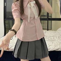 Women's Blouses Sweet Pink Polo Collar Shirt 2024 Summer 90s Aesthetic Solid Japan Style Fashion Slim Fitting Lolita Tops