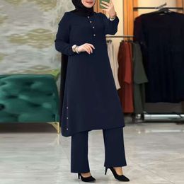 Quality 2023 New Middle East Muslim Solid Color Long Sleeved Side Sewn Decorative Wooden Buckle Rubber Waist Women's Set in Stock 65