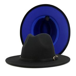 2020 Fashion Women Men Patchwork Artificial Wool Felt Fedora Hats with Belt Buckle Double-Sided Colour Flat Brim Jazz Panama Cap242R