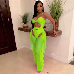 Suits BKLD Fashion Neon Green Tracksuit Women Two Piece Set Sleeveless Bodysuit And Ruffles Mesh Sheer Pants Bodycon Two Piece Outfits