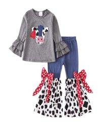 baby girls clothes sets cow printing ruffle top and bell bottom patchwork with two bows pants cute style boutique for toddler kids2130443