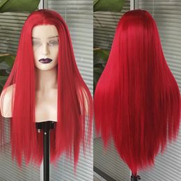 Hair Wigs Long Straight Hot Red Hair Lace Front Wig Natural Hairline Middle Part Synthetic Wigs Long Silky Green Orange Hair 240306