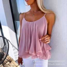 Camis Ruffle Hem Flowy Metal Strap Tank Top 2023 Women Summer Ruffles Sling Tops Elegant Sleeveless Sexy Loose Y2k Tops A Line Camis