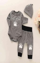 Newborn Baby Romper Sets 3Pcs Hat Grey Boy Baby Playsuit Long Sleeve Infan Clothing Bebe Bodysuit Climbing Sets Cotton Clothes G106012751