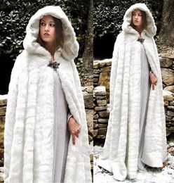 2019 Fur Thicken Winter Hooded Cloaks Warm Wedding Capes Button Plus Size Coats Bride Jacket Christmas White Or Ivory Events Acces2107446