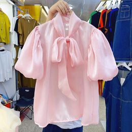 Women's Blouses Temperament Bubble Sleeve Shirt French Bow Lace Up Design Glossy Blusas Mujer Pink Blouse Shirts Work Chiffon