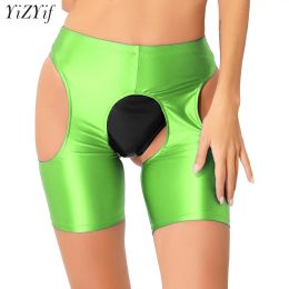 Shorts Women's Glossy Boxer Shorts Slip Shorts Solid Color Hollow Out Open Crotch Boyshorts Sexy Cutout Boyleg Underwear Nightwear