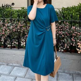 Dresses Casual Oneck Blue Green Knitted Midi Dresses Women's Threedimensional Decoration Pleated Short Sleeve Pullover Plus Size Dress