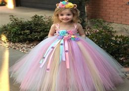 Girls Pastel Unicorn Flower Tutu Kids Fluffy Crochet Long Tulle Ball Gown with Hairbow Children Wedding Party Dress Y2001028097298