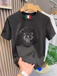 Summer New Mens Youth Embroidered Tiger Head Sequin Short T-shirt Round Neck Trendy Slim Fit Half sleeved Shirt88