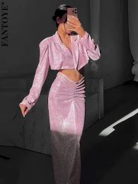 Suits Fantoye Glitter Bright Silk Shiny Women Blazer Suit Notched Collar Blazer Pleated Skirt Female Autumn New Fashion Two Piece Sets