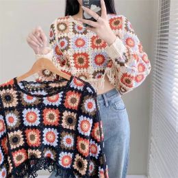 Pullovers Women Autumn Crochet Flower Hollow Out Long Batwing Sleeve ONeck Knit Sweaters Chic Y2k Vintage Bohemian Tassels Crop Tops T118