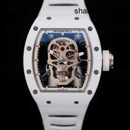 Sports Watches Casual Watch RM Watch Rm52-01 Skull Head White Ceramic Manual Mechanical Full Hollow Movement Mens Watch