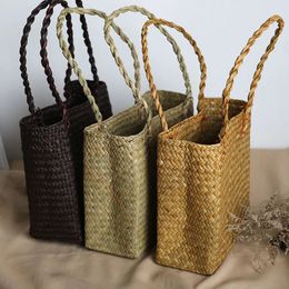Basket Straw Tote Bags for Women Rattan Handmade Beach Hand Bags Ladies Bamboo Woven Holiday Shoulder Bag 240306