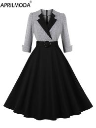 Dress 2024 Elegant Plaid and Black Ladies Rockabilly Cotton Dresses Notched Collar 3/4 Sleeve Autumn Winter Swing Women Vintage Dress