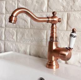 Bathroom Sink Faucets Antique Red Copper Bathroom/Kitchen Faucet Swivel Spout Vessel Basin Mixer Tap Single Handle Hole Deck Mounted Lnf398