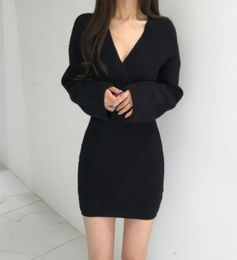 Casual Dresses Women Sweater Sexy Deep V Neck Knitted Mini Dress 2021 Autumn Winter Long Sleeve Black White9769607
