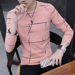 Tees T Shirt Men Autumn Winter Men Long Sleeve T-shirt Stripe Shirt Tshirt T Shirts O-Neck Casual Pink White Black Tops 240227