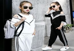 Fashion Big Girls Sports Suits Off Shoulder Black and White Clothing Set for Teenage Autumn Tracksuit Kids Plus Size Sportswear6141355