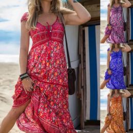 Dress Elegant Women's Print Lace Up Vintage Dress Sexy VNeck Short Sleeve Beach Maxi Fashion Bohemian Party Plus Size Tie Dyed Dress