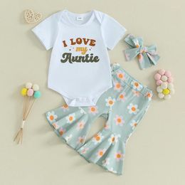 Clothing Sets Baby Girls Summer 3PCS White Short Sleeve Romper Tops Flower Print Flared Pants Headband