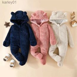 Footies 0-18months Newborn Baby Winter Fuzzy Footies Jumpsuit Bear Ear Snowsuit Hooded Romper For Baby Boys And Girls YQ240306