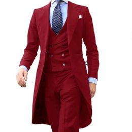 2023 New Arrivel Long Coat Designs Chinese Red Men Suit Gentle Mens Tuxedo Prom Blazer Custom 3 Pieces (jacket+vest+pants)