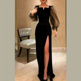 New Design Black Evening Formal Dress for Women Long Puffy Sleeves High Slit Sheath Prom Party Gowns Robe De Soiree