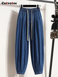 Women's Jeans Cotvotee Harem Pants For Women Causal Basic Drawstring Denim Comfortable Blue High Waisted Korean Fashion Ankle Length