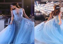 New Designer Sky Blue Lace Formal Celebrity Evening Dresses 2019 Detachable Train Sheer Neck Lace Applique Custom Made Special Occ2817313