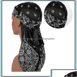 Bandanas Bandanas Scarves Wraps Hats Gloves Fashion Aessories Premium Men Silk Durag Paisley Design Printing Silky Durags Long Straps Dhzxw